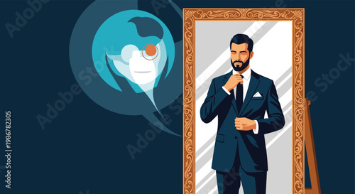 Confident man in a dark suit and tie adjusting his appearance while looking at his reflection in an ornate gold mirror.