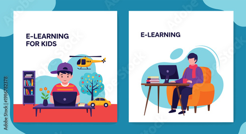Educational banners for e-learning showing a young boy and a man studying on laptops in comfortable home environments.