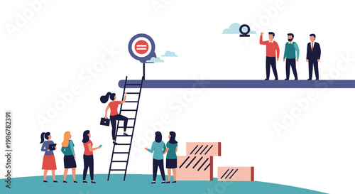 Group of women climbing a ladder to reach a higher platform occupied by men to symbolize the struggle for gender equality.