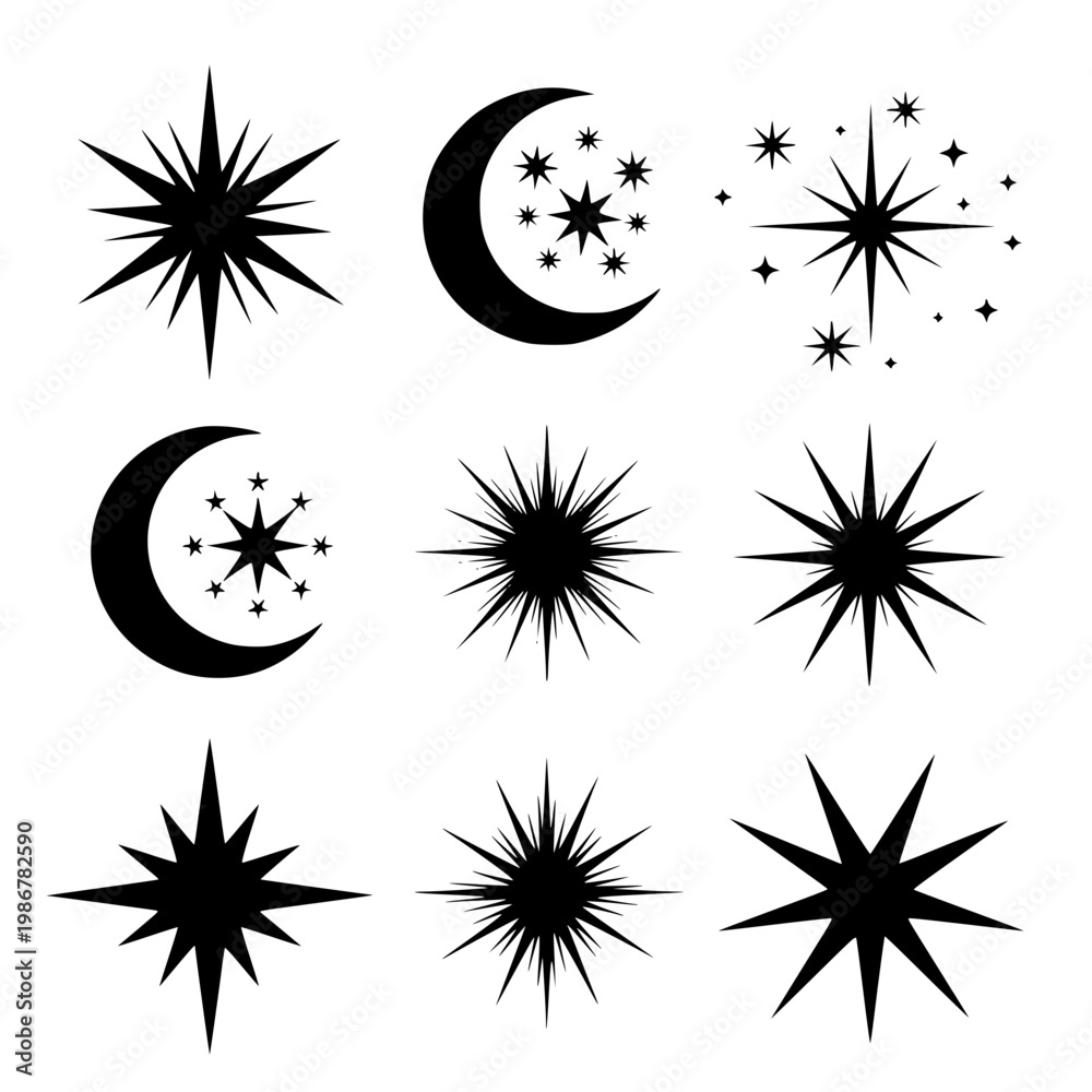Fototapeta premium Minimalist Celestial Symbols Star and Crescent Moon Vector Icons Set