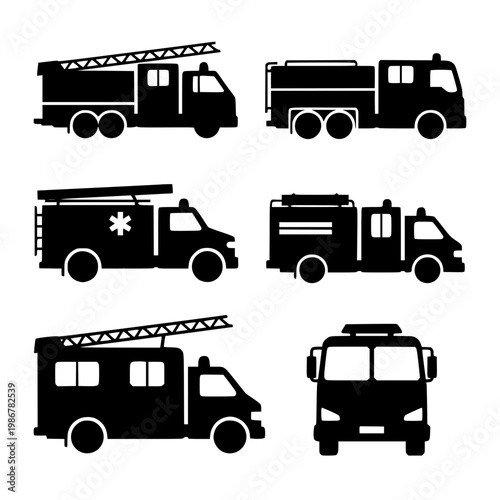 Fire Truck Silhouette Icon Set Vector Illustration