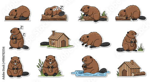 Cute beaver character stickers showing the animal sleeping, building a wooden house, and carrying logs in nature.