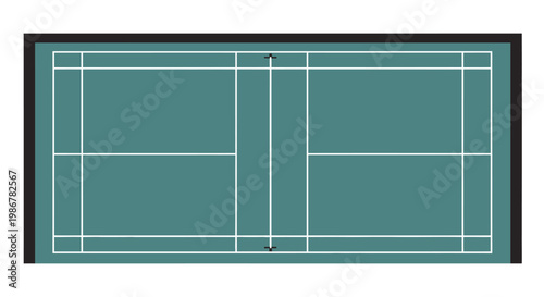 Tennis court with white lines on green surface.