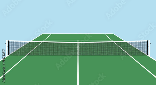 Tennis court with net and green surface.