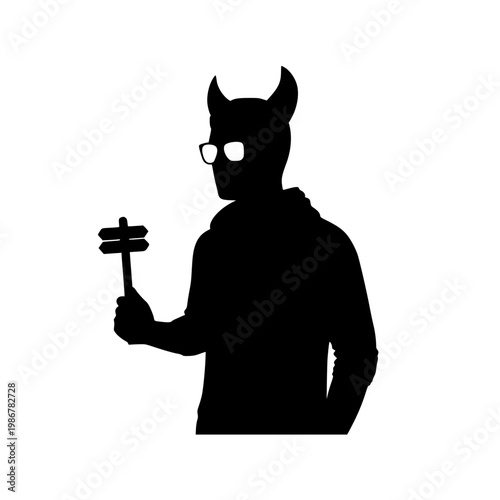 Silhouette of a devil with horns and glasses holding a directional signpost