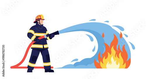 Brave firefighter in full protective gear and helmet using a high pressure hose to extinguish a dangerous fire flame.