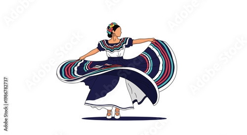 Talented female dancer performing a traditional mexican folk dance in a vibrant blue and white dress with ribbons.