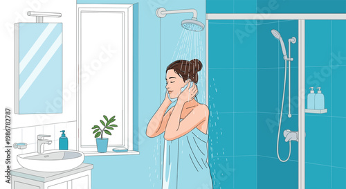 Pretty woman enjoying a relaxing shower in a bright blue bathroom while washing her face with water from the showerhead.