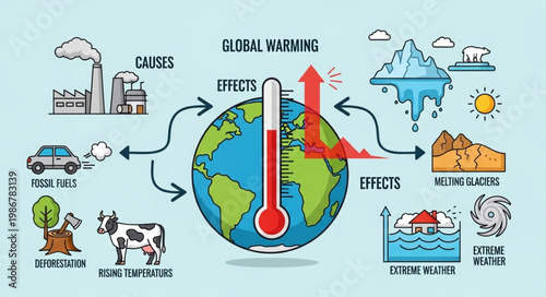 Global Warming - Causes and Effects Illustrated with Earth and Thermometer.