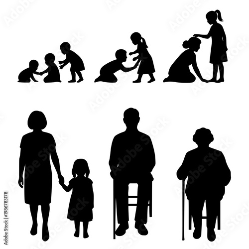 Human Life Cycle Stages Silhouettes from Childhood to Old Age