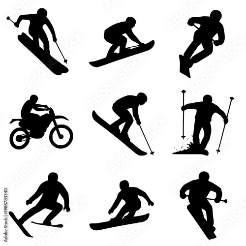Silhouettes of skiers snowboarders and a motocross rider in action