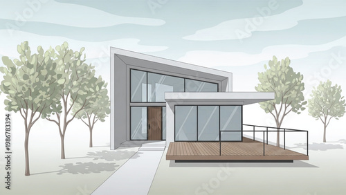 Modern house with large windows and wooden deck in a serene landscape with trees.