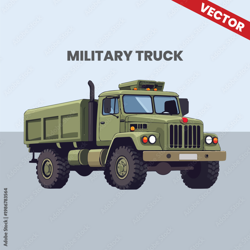 Obraz premium Big Military Supply Truck Side View Army Logistics Vehicle in Green Camouflage Color Heavy Duty Transport for Infantry and Equipment Vector Illustration Isolated on Minimal Background