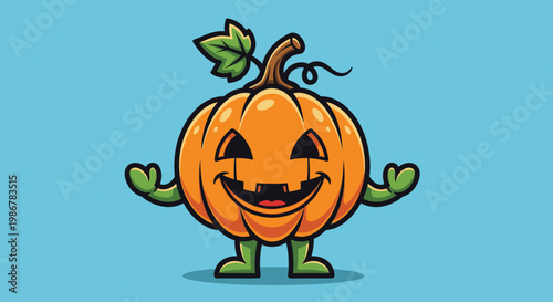 Cartoon pumpkin character with smiling face and green limbs on blue background
