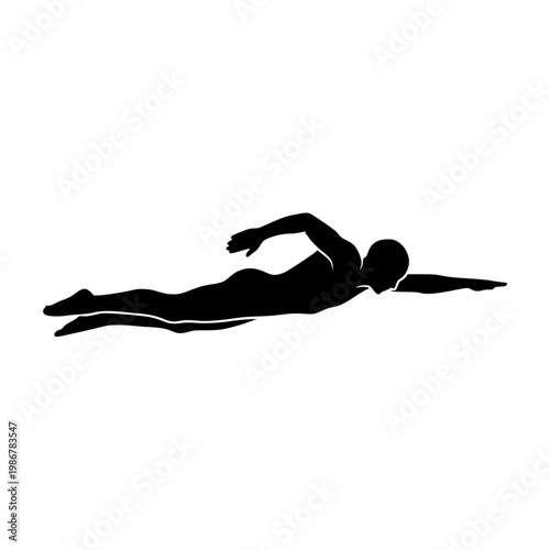 Black silhouette of a male swimmer performing freestyle stroke isolated on white