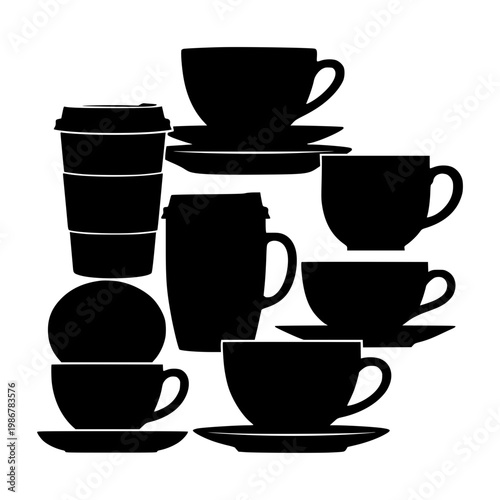 Collection of coffee and tea cup silhouettes on white background