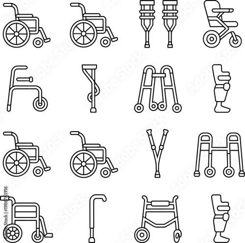 Medical equipment icons, mobility aid set with wheelchair crutches cane walker prosthetic leg and arm minimalist line art design
