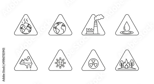 Environmental Hazard Warning Signs - A Set of Triangular Icons Depicting Global Warming, Pollution, and Natural Disasters.