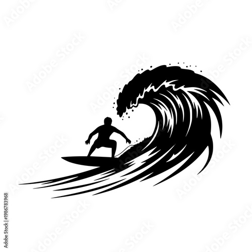 Silhouette of a surfer riding a big barrel wave in the ocean