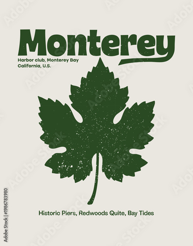 Monterey Harbor Club California Redwood Leaf Typography Poster and T-Shirt Design