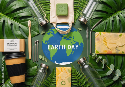 Flat Lay Zero Waste Sustainable Item for Earth Day Concept