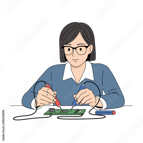 Young woman soldering circuit board with two soldering irons, focused on electronics repair or creation.