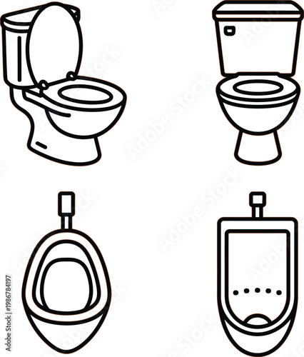 Bathroom fixtures icons, toilet and urinal line art set with modern and classic designs minimalist black outline illustration
