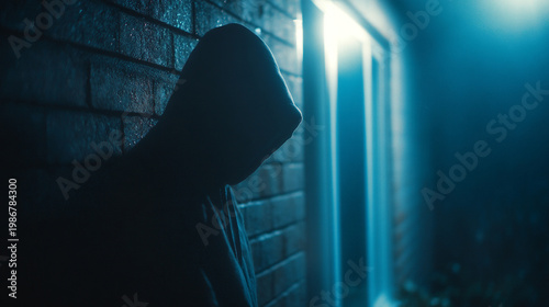 Shadowy hooded figure against brick wall in dark alley.