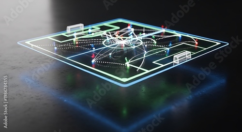 Neon circuit board, glowing connections, electronic network, futuristic technology
