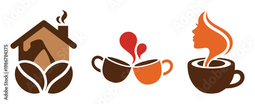Modern coffee logo set with beans and cozy cafe house, branding symbols for barista identity, menus and signage, clean vector illustration.