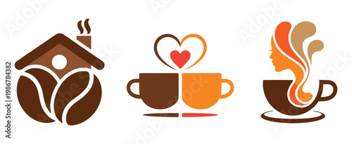 Modern coffee logo set with beans and cozy cafe house, branding symbols for barista identity, menus and signage, clean vector illustration.