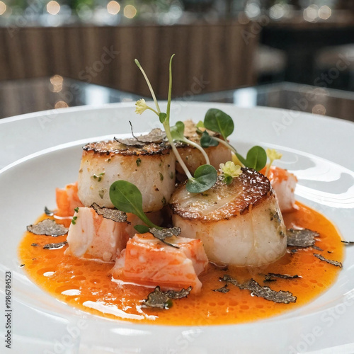 Elegant Gourmet Plated Dish with Artistic Sauce Decoration Luxury Restaurant Setting Chef Style Presentation Shallow Depth Fine Dining Background Upscale Hospitality Concept Ultra Realistic Product Ph