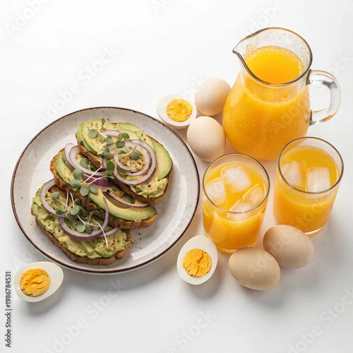Clean Healthy Breakfast Setup with Avocado Toast Boiled Eggs and Fresh Juice Minimal White Surface Modern Nutrition Branding Concept Bright Fresh Tone Ultra Realistic Product Photography 8K