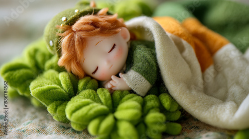 Cute, red-haired doll sleeps soundly in green leprechaun costume.