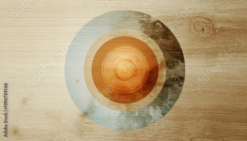 Abstract Design of Wood Circle and Reflective Surface on Wood
