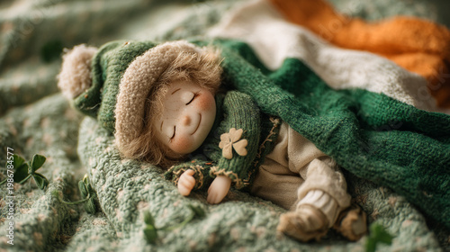 Adorable baby doll leprechaun sleeps peacefully under green blanket.
