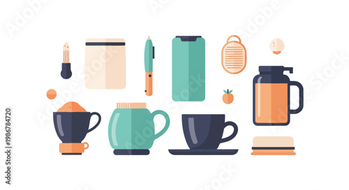A stylish flat vector illustration featuring a curated collection of office supplies, coffee mugs, and digital devices in a warm, pastel palette.