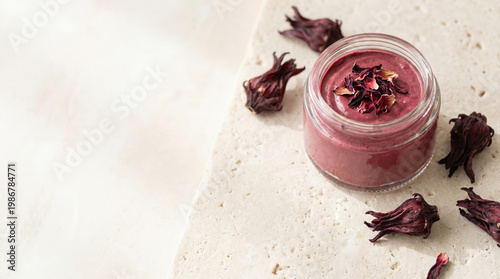 Hibiscus Smoothie Dessert with Dried Flowers on Stone Surface