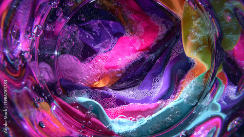 Colorful clothes swirling in a washing machine with soap bubbles.