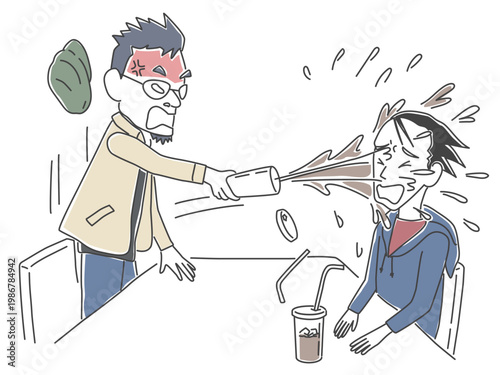 打ち合わせの席で怒って担当者にコーヒーをぶちまける男性のイラスト