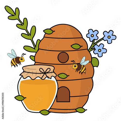 Cute Beehive and Honey Pot Illustration