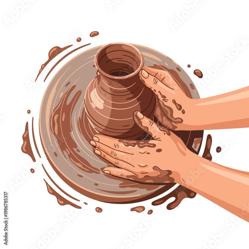 Hands shaping clay on pottery wheel, creating ceramic vase, artistic craft process