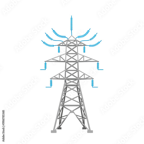High Voltage Power Line Pylon with Insulators and Wires, Electricity Transmission Tower