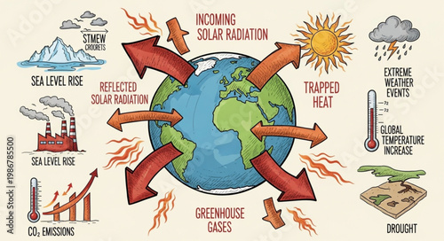 Global Warming and Climate Change Illustration with Earth and Arrows.