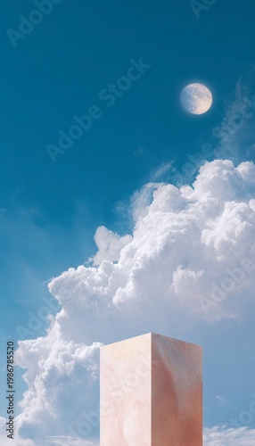Serene Cloudscape with Pink Geometric Structure Under Moonlight