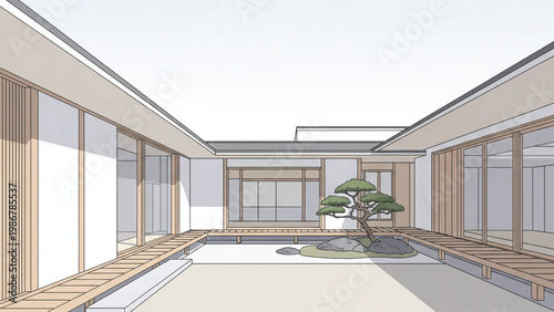 Modern minimalist Japanese style house interior with bonsai tree in central courtyard and wooden deck.