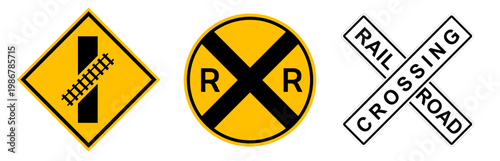 yellow railroad crossing sign. railway crossing. train rr crossing sign. railroad crossbuck. railroad advance warning sign