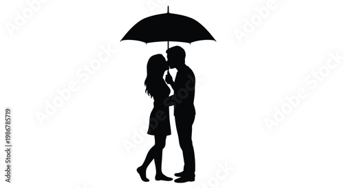 Silhouetted couple sharing a romantic kiss under a black umbrella