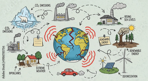 Global Climate Change Illustration - Depicting Causes and Effects on the Earth.