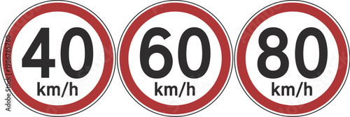 Speed limit signs, illustration, urban driving traffic sign set for city roads showing regulatory road safety symbols and transportation control indicators.